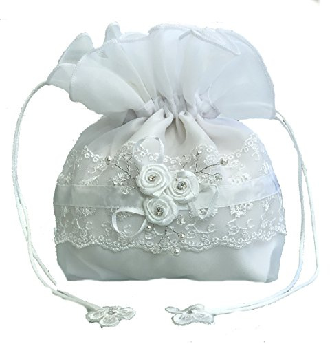 LadyMYP© Brauthandtasche, Brautbeutel mit Blüten, Perlen und Strass auf Spitze, Hochzeit, Kommunion Model428 (Weiß)