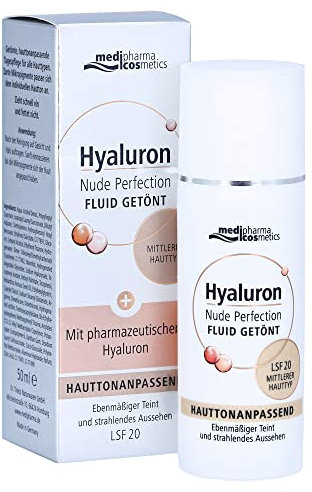 Hyaluron Nude Perfection mittel - Tagespflege mit hauttonanpassender Technologie - mit Hyaluron & Vitamin A - LSF 20 - medipharma cosmetics - 50 ml