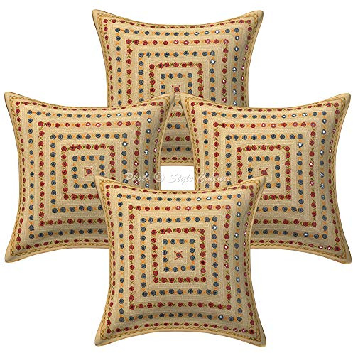 Stylo Culture Bohemio Forros para Cojines Decorativos 40x40 cm Algodón Geométrico Fundas De Almohadones Silla Amarillo Encaje De Espejo Bordado Cuadrado sobre Fundas para Almohadas De Cama - 4 Pcs