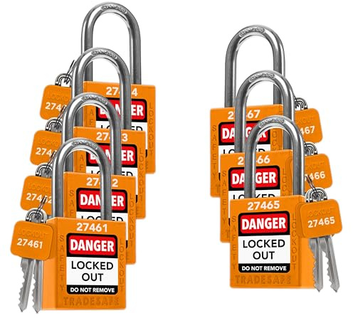 TRADESAFE Lockout Tagout Lock Set - Orange - 7 Pack Safety Padlocks Keyed Differently - OSHA Compliant Loto Locks - 2 Keys Per Lock - for Lock Out Tag Out - Premium Grade