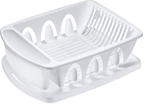 Tribello Sink Dish Drying Rack, Large Heavy Duty Hard Plastic Sink Set with Drainer (White) - Made in USA