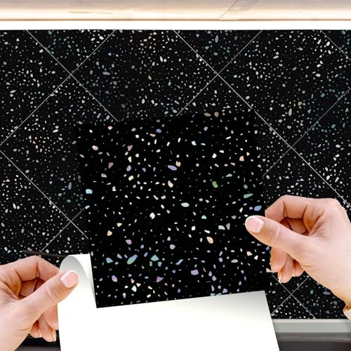 WALPLUS Terrazzo Holographic Glitter Black Tile Stickers 15 x 15 cm, 24 PCS Peel and Stick Self Adhesive Wall Tiles, Waterproof Kitchen Bathroom Splashback Decals
