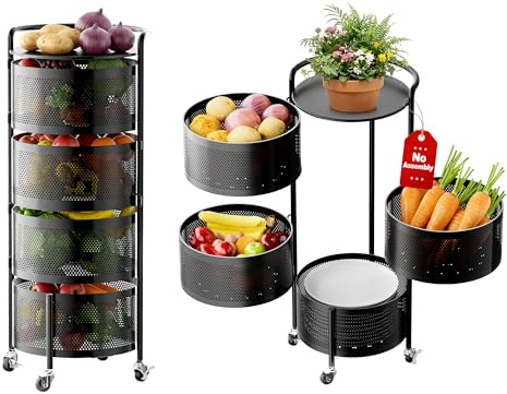 JAQ No Assembly Integrated Vegetable Storage Rack, 4-Tier Rotating Fruit Basket with Wheels, Solid Carbon Steel Kitchen Storage Cart for Potato Onion Produce, Fruteros para Cocina, Black