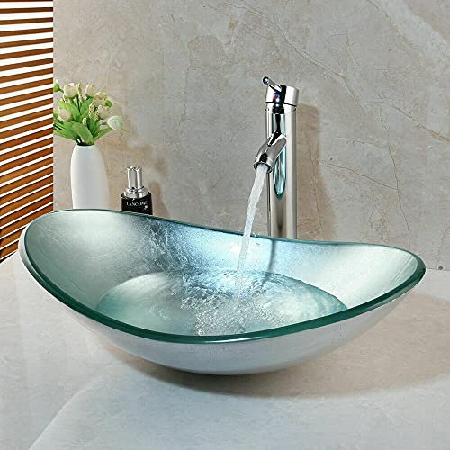 Homelava Rubinetto per lavabo da bagno Combo ovale da appoggio Contenitore in vetro temperato artistico Lavello con rubinetto Scarico a scomparsa e lavabo con tubo dell'acqua