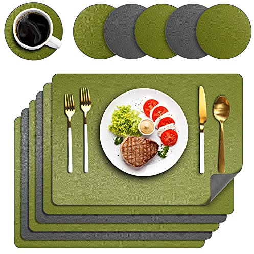 Platzsets Abwaschbar 6er Set, Tischsets Lederoptik Platzdeckchen Abwischbar Doppelseitiges Platzset mit Untersetzer für Küche, Haus, Restaurant, 43x30cm (Grün&Grau)