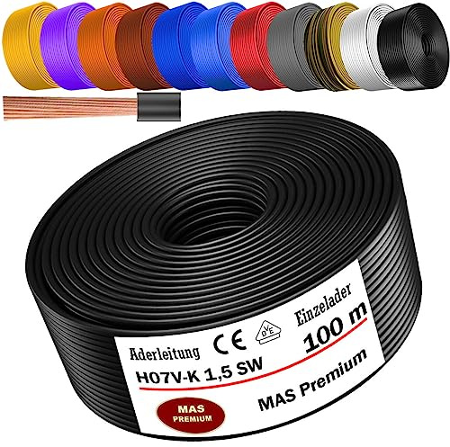 Câble conducteur H07 V-K de 5 à 100 m - 1 x 1,5 mm² - Noir bleu-clair vert/jaune vert rouge bleu-foncé marron orange gris blanc violet bleu-outremer ou jaune Fil simple flexible (noir, 100 m)