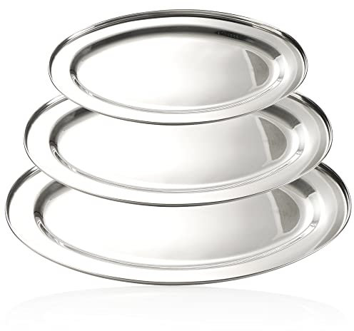 com-four® Ensemble de plateaux 3 pièces - plateau ovale pour servir et décorer - assiette décorative en acier inoxydable en 3 tailles - bol de service (1 fois chaque 34-40-45 cm)