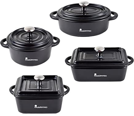 MasterPro Cook & Share | Cacerolas de Cocina | Set de 4 Piezas con Tapa | Fabricadas en Gres Resistente a Las Altas Temperaturas | Cazuelas de Cocina | Compatibles con Todo Tipo de Cocinas y Horno