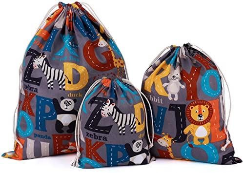 abaria 3 pz Sacchetto Coulisse Cotone, piccolo Organizer Borsa per Giocattoli, Valigia Bambini, Abbigliamento per neonati, Giraffa Leone panda