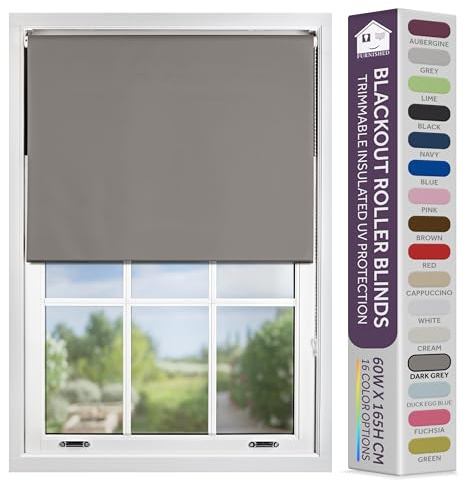 FURNISHED Blackout Roller Blind with Metal Fittings Trimmable Insulated Thermal Fabric Heavy-duty Easy Install Brackets Window Roller Blinds - Dark Grey, 160W x 165H cm