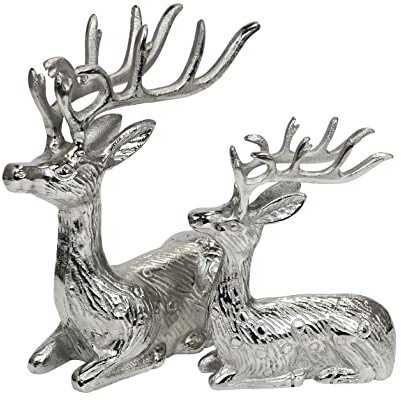 MichaelNoll Hirsch 2er Set - Liegend - Rentier Aluminium Metall Silber - Figur Statue Dekofigur - Deko für Wohnzimmer, Küche, Schlafzimmer - Weihnachten Winter - Hirschgeweih Dekoration