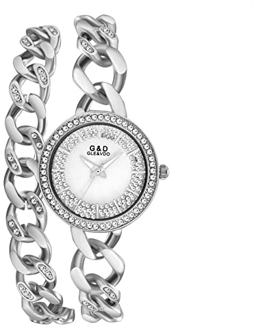 JewelryWe Damenuhr Elegant Analog Quarz Armbanduhr 30m wasserdichte Strass Runde Beiläufige Damen Uhr mit Doppelt Panzerkette Metall-Armband und Leuchtend Zeiger Gold/Silber