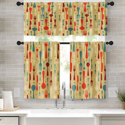 Tayney Vintage Yellow Kitchen Window Curtains Valance and Tier Set 36 Inch, Knife and Forks Rustic Rod Pocket Short Tier Curtain for Bathroom, Cartoon Small Cafe Drapes for Kitchen Decor