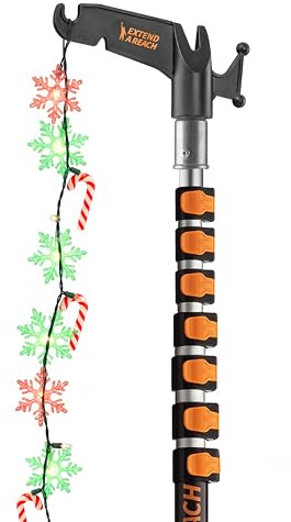 5-30 ft Long Telescopic Extension Pole with Utility Hook // Telescoping Pole for Christmas Lights Installation, String Lights, Birdfeeders // Lightweight and Sturdy // Christmas Light Pole with Hook