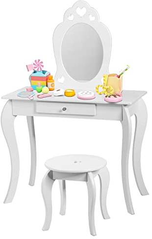 LIFEZEAL 2 in 1 Toeletta con Sgabello per Bambina 3+Anni, Tavolo da Trucco, Set di Vanity, Postazione Trucco, Specchiera, Specchio Rimovibile, 1 Cassetto, Gambe in Legno di Pino, per Cameretta, Bianco