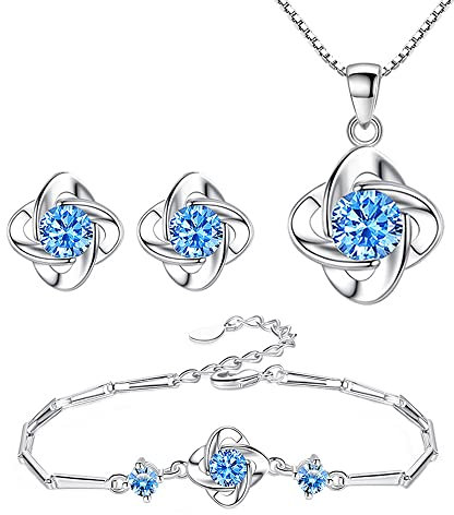 TOEECY Schmuckset Damen Silber, 925 Sterling Silber Klee Halskette Ohrstecker Armband Set mit Cubic Zirkonia Klee Schmuck Sets Geschenk für Mädchen Frauen (#4)