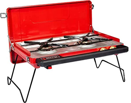 CAJOLI Camping Two Hole Gas Stove with Ignition, Heat Control, Portable Heater, Camping, Caravan BBQ,Red