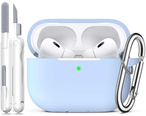 R-fun Kompatibel mit AirPods Pro 2 Hülle mit Reinigungsset, Vollschutzsilikon für Apple AirPods Pro 2023/2022/2019 Ladecase[LED anteriore visibile], Himmelblau