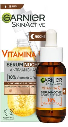 Garnier SkinActive Vitamina C Sérum de Noche Antimanchas con 10% de [Vitamina C Pura + Ácido Hialurónico]. Reduce manchas oscuras, piel apagada y líneas finas tras solo 3 noches. 30 ml