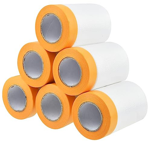 MVQPER 6 Rollen Abdeckfolie mit Klebeband, 55CM*20M Transparent, Gelb, UV Beständig, Stark Elektrostatisch, Ölfest, Maler Abdeckfolie mit Klebeband, Abdeckband mit Maler-Folie