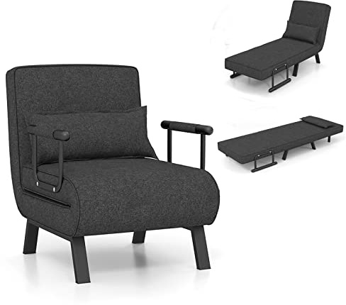 RELAX4LIFE Fauteuil Convertible, Canapé-Lit Pliable avec Coussin, 2 Accoudoir et Dossier Réglable à 5 Positions, Housse Déhoussable pour Bureau, Salon, Balcon (Noir)