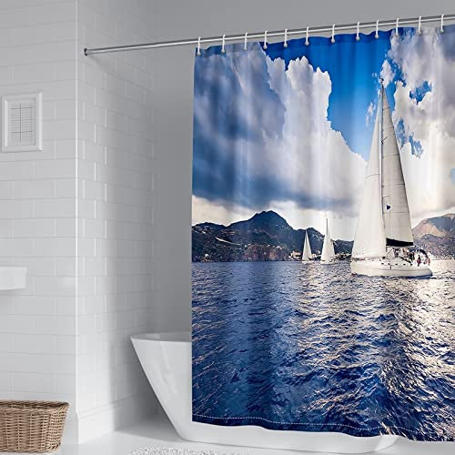 Aotiwe Duschvorhang Textil Badewanne, Badewanne Duschvorhang Meer und Segelboot Muster Blau Polyester 90X180cm
