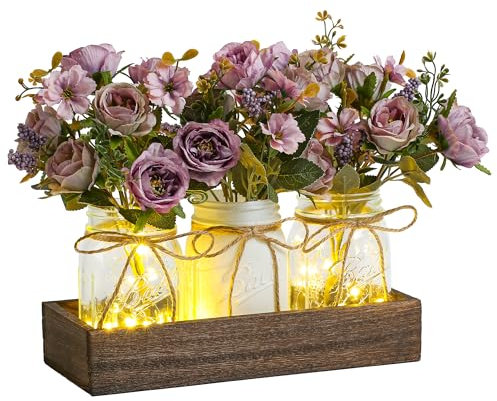 DUOER 3 Pcs Mason Jar Centerpiece Set for Dining Table Decor, Farmhouse Coffee Table Decor with Wood Tray, Purple