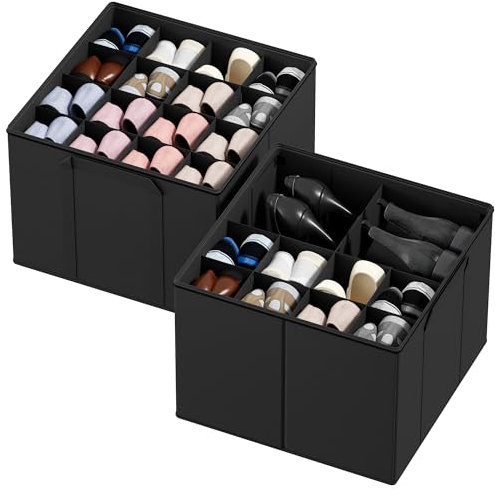 SpaceAid Schuh-Organizer für Schrank, 2 Stück, faltbare Schuhaufbewahrungsbehälter, Körbe, Boxen mit verstellbaren Trennwänden, passend für 16–32 Paar, Schwarz
