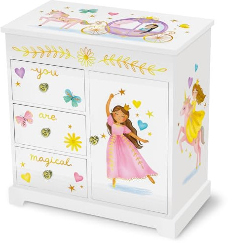 Musikalisches Prinzessin-Schmuckkästchen für Mädchen - Kinder Spieluhr mit Spiegel, Prinzessin Geschenke für kleine Mädchen Geburtstag, Schmuckkästchen für Alter 3-10 - 24,1 x 19,7 x 24,1 cm, Weiß