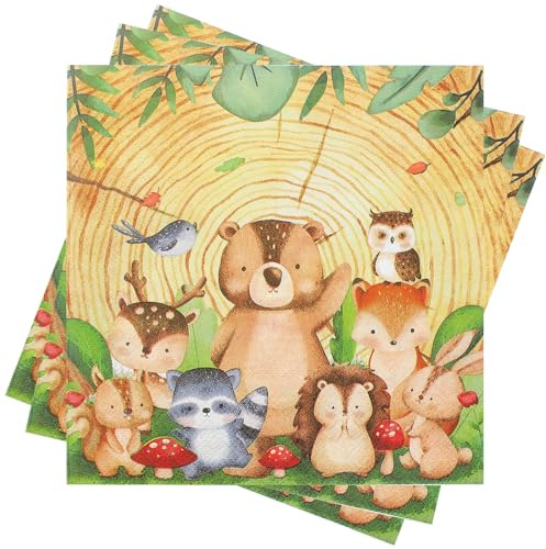 Lot de 40 serviettes jetables pour anniversaire d'enfant - Motif animaux de la forêt - Décoration de table - Happy Birthday - Happy Birthday - Animaux de la forêt - Serviettes jetables pour