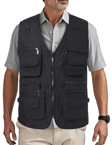 HZQIFEI Vardaglig fiskeväst för män flera fickor utomhus andningsbar safari fiskeväst verktyg foto gilet resa jakt vandringsjacka väst MJ10, Svart, XXL