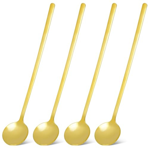 4 PCS 6.7 Inches Stainless Steel Coffee Spoons 410 Gold Long Handle Teaspoons Cute Espresso Stirring Spoon for Iced Tea Dessert Ice Cream Yogurt cocktail Baristas and Coffee Lovers