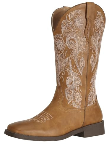 J's.o.l.e Stivali da cowboy da donna con punta quadrata e motivo floreale, stivali da cowgirl alla moda, Marrone chiaro, 38 EU