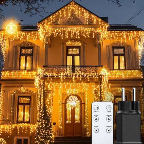 BESCOST Luci Natale da Esterno Cascata 400LED 10M con Telecomando Tenda Luminosa Esterno Prolungabile /8 Modalità/Timer, per Decorare Giardino, Balcone, Finestra Tetto Bianco Caldo