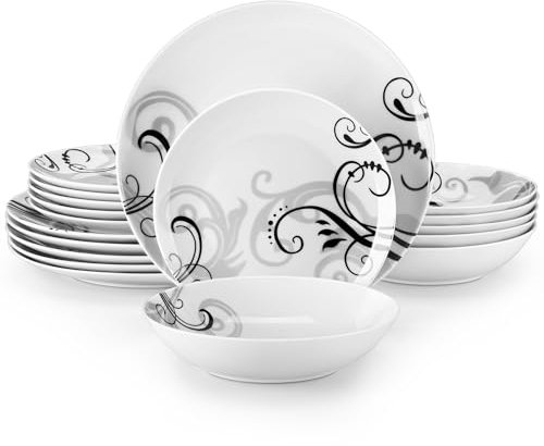 VEWEET, Série ZOEY, Service de Table en Porcelaine Rond 18 Pièces pour 6 Personnes, Service de Vaisselle avec 6 Assiettes Plates 26,7 cm, 6 Assiettes à Desserts 20,5 cm et 6 Bols à Pâtes de 900 ml