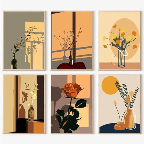 JATOK 6 Pcs Paint by Numbers for Adults, Painting Kits for Beginners On Clear Symbols Colored Canvas, Easy DIY Acrylic Pigment Drawing Paintwork for Home Wall Decor, 20x30cm Frameless, Flower