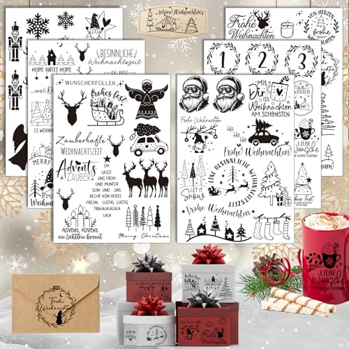 Rub On Sticker Weihnachten, 6 Stück A5 Transferaufkleber, Weihnachtsgrüße | für Möbel, Glas, Holz, Scrapbooking, Liebevolle Deko (Weihnachten)