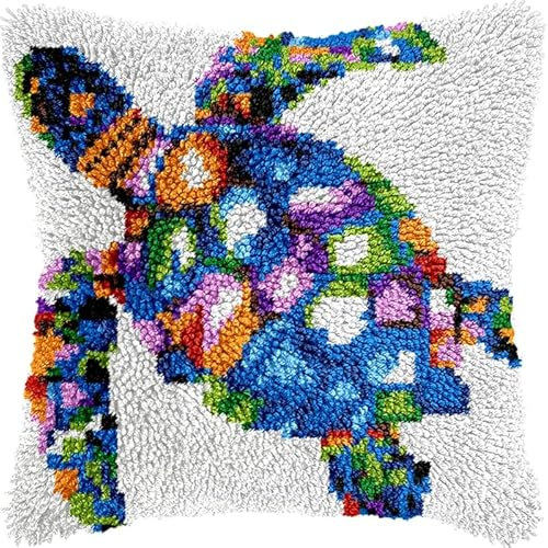 Taxpy Knüpfkissen Set, Latch Hook Kissen Kit für Kinder oder Anfänger Erwachsene zum Selber Knüpfen, DIY Knüpfteppich Knüpfpackung, Knüpfhaken Set 43x43cm(Meeresschildkröte)