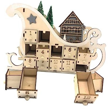 SHOWERORO Holz-Weihnachtskalender mit Countdown-Fenstern Schlitten-Dekoration für Zuhause Natürliches Material