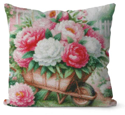 Huacan Kreuzstich Kissen Set Vorgedruckt Blumen Stickset DIY Blume Gebastelt Kissenbezug ohne Kissenkern für Anfänger Erwachsene 45x45cm