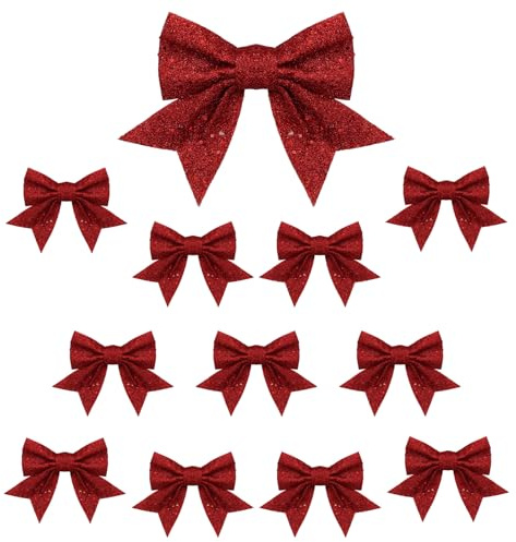 Rote Weihnachtsschleifendekoration, Glitzerschleifen für Weihnachtsbaumdekoration, Weihnachtsbaumschleifen, dekorativ für Kranz, Geschenk-Box, Heim-Party-Ornamente, 12 Stück
