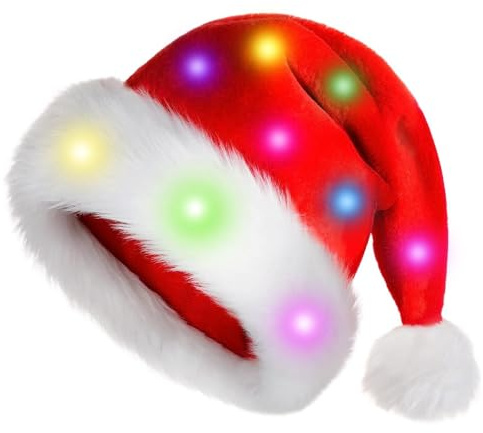 Huayeex Leuchtende Weihnachtsmütze, Weihnachtsmütze Plüsch, Weihnachtsmütze Mit Led Lichtern, Weihnachten Mützen Rote, Partykostüm Für Neujahrs Weihnachtsfeiern, Cosplay Zubehör Für Erwachsene Kinder