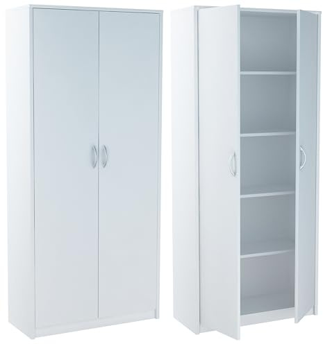 MATKAM Bücherregal R5, B/H/T 74x180x35cm mit 2 Türen, ideal für Büro, Diele Wohnzimmer, Jugend- oder Kinderzimmer, mit verstellbaren Regalböden und satinierte Griffe (Weiß)