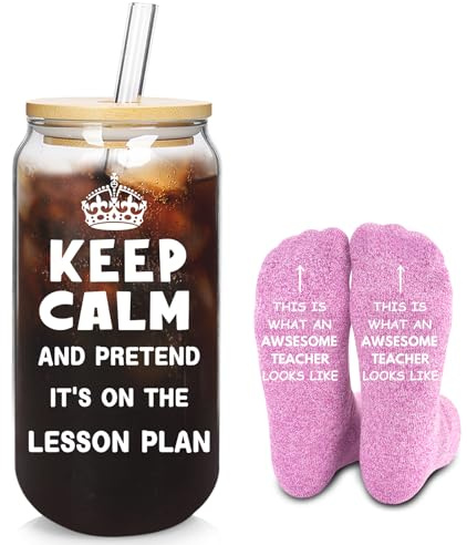 ANOTION Teacher Gifts,Glass Cup with Lid and Straw 18OZ,Thank You Gifts for Teachers,Personalised Gift Mug Iced Coffee Cup Appreciation Gifts Set with Pink Socks,A Special from Students to Teachers.