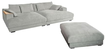 KAWOLA Big Sofa Madeline Cord hellgrau mit Hocker / 4 Zierkissen/Armlehntablett Natur