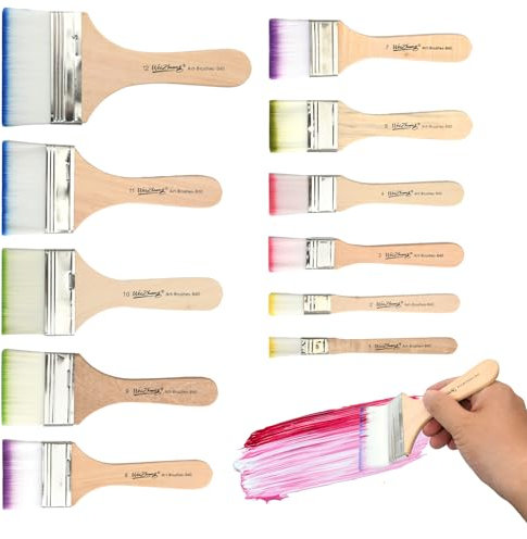 Juego de Pinceles Planos Anchos, 12 Pinceles de Madera, Profesionales para Barnices, Acuarelas, Óleos y Pinturas Acrílicas para Muebles. Cerdas de Nailon, Varios Tamaños