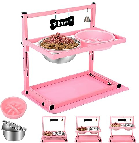 Support de gamelle surélevée rose pour chien avec gamelle lente et tapis anti-déversement , mangeoire ajustable de 1700 ml en acier inoxydable