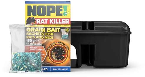 NOPE! Rat Poisoning Super Strength 6 x 25g with Lockable Bait Box & Key - Rat & Mouse Killer Grain Bait, Single Feed, Quick-Acting for Indoor & Outdoor in All Weather