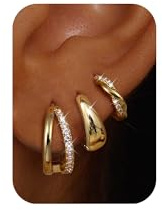 CASSIECA 3 Paar Ohrringe Gold Set für Damen: 14K Vergoldet, Creolen, Chunky Stapelbar, Hypoallergen, Leichte Kleine Creolen für Mädchen