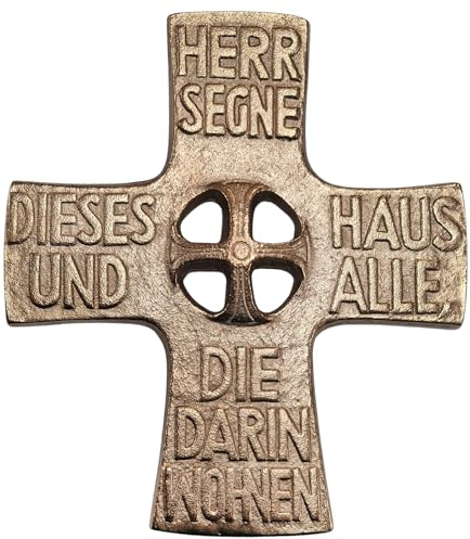 Herzmensch Edles Haussegenkreuz zur Hauseinweihung 14,5 x 16 cm gold massive Bronze mit Spruch religiös christlich zur Einweihung eines Hauses oder Wohnung